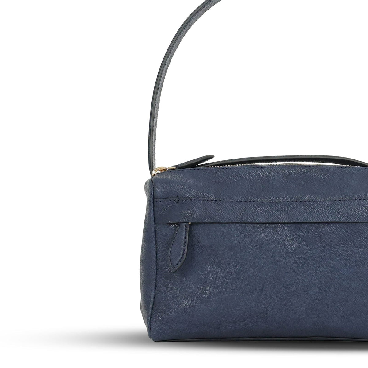 Evening Bag in French Navy leather — leather grain and closure detail