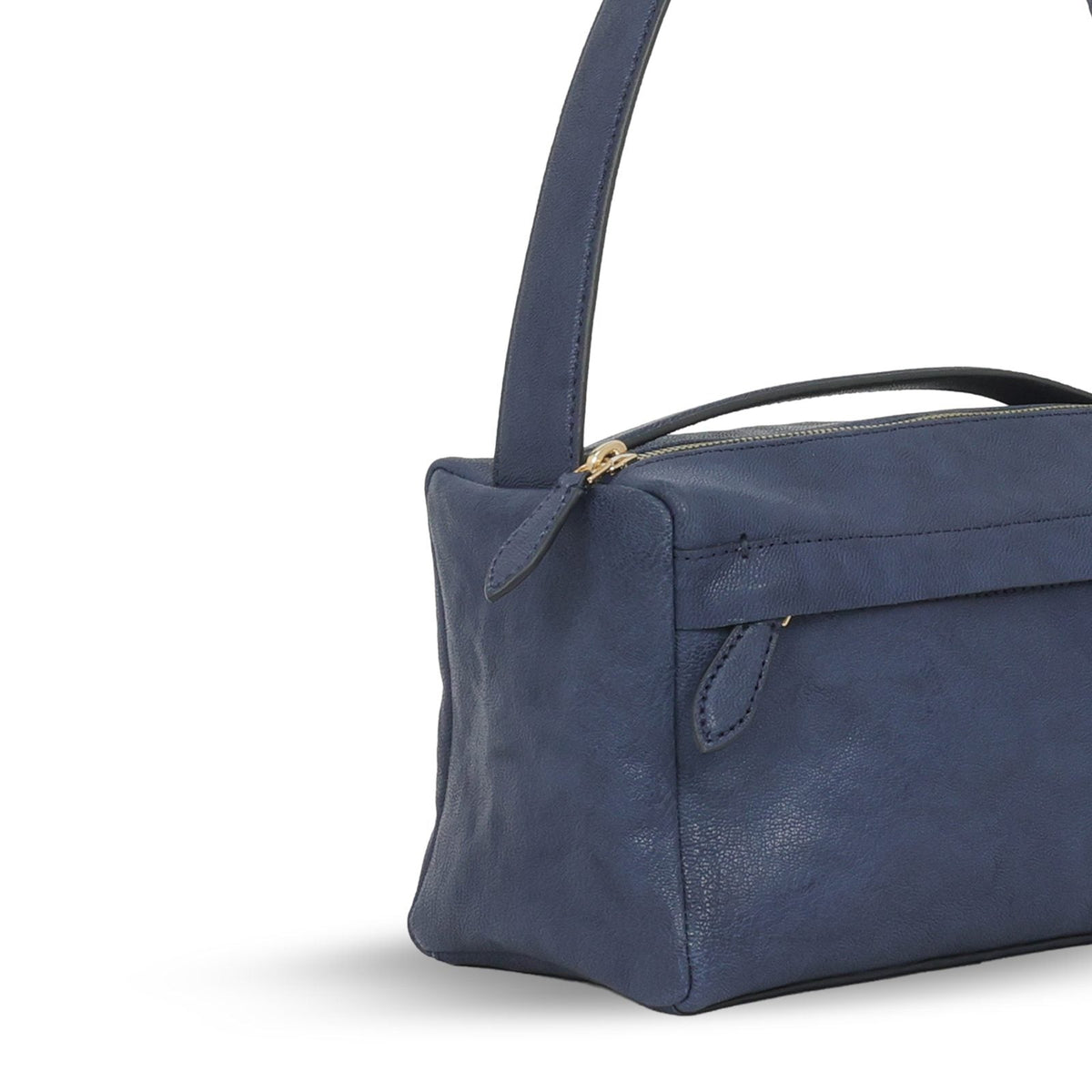 Evening Bag in French Navy leather — stitching and hardware close-up