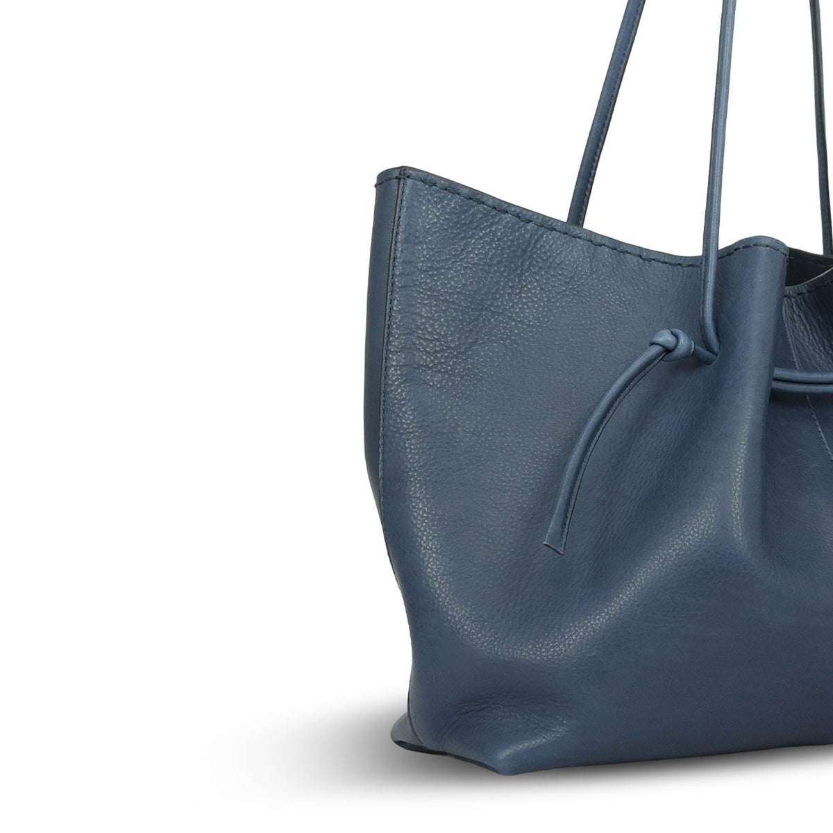 Boat Bag Medium in French Navy leather — stitching and hardware close-up